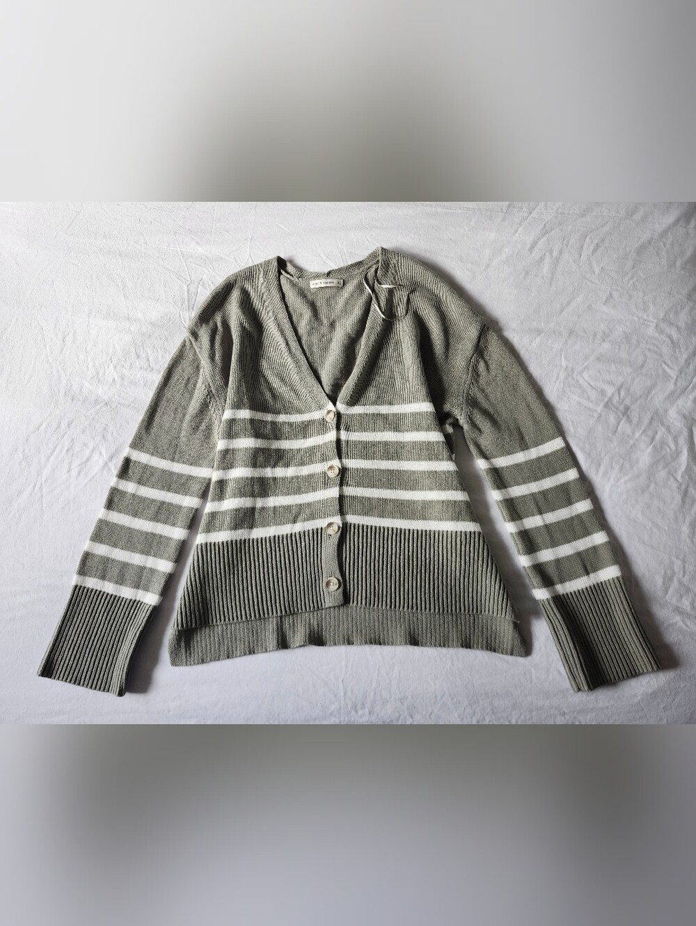 Cotton Olive Green Striped Button-Up Cardigan Sweater